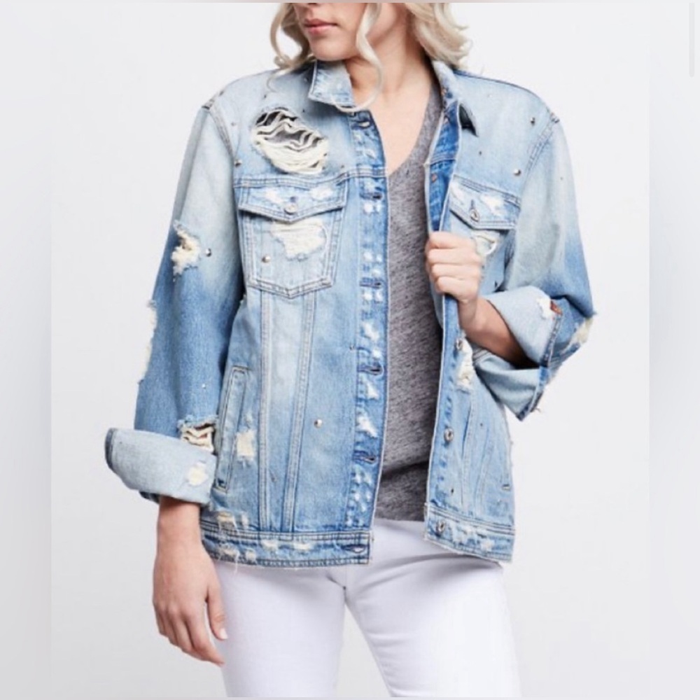NWOT - 7 For All Mankind Distressed and Studded Denim Jacket - Size XL - Picture 8 of 8